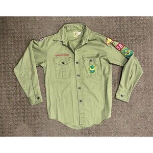 VTG Boy Scouts of America BSA Shirt Tan Patches Long Sleeve Mens Small Uniform